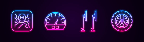 设置线排档，速度计，雨刷和汽车车轮。发光的霓虹灯图标。向量图片下载