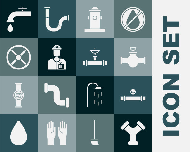 设置工业金属管道、压力计、阀门、消火栓、水管工、水龙头和图标。向量图片下载