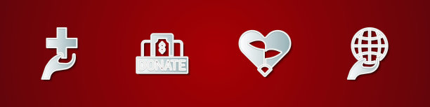 心与十字架，捐赠与慈善，心在叶，手握地球图标。向量图片下载