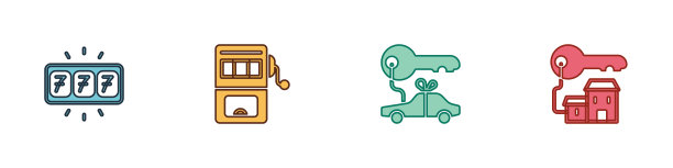 设置老虎机与头奖，汽车礼物和获胜的房子钥匙图标。向量图片下载
