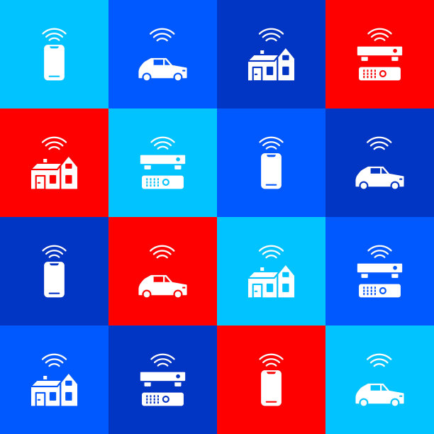 设置无线智能手机，智能汽车系统与无线，家庭和电视盒接收图标。向量图片下载