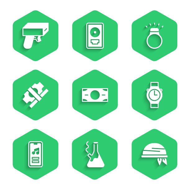 设置堆栈纸钱现金，玻璃烟枪吸烟大麻，大手帕，腕表，音乐播放器，钻石戒指和金钱枪图标。向量图片下载