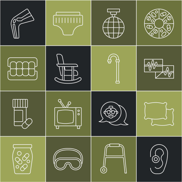 设置线助听器，枕头，心电图监视器，迪斯科球，摇椅，假下巴，骨痛和手杖图标。向量图片下载
