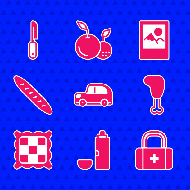 设置汽车，热水瓶容器，急救箱，鸡腿，格子餐巾，法国法棍面包，相框和刀的图标。向量图片下载
