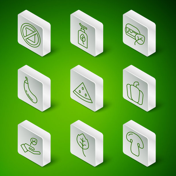 设置线蘑菇，叶或叶，无麸质谷物，西瓜，茄子，有机化妆品，植物的手和柿子椒图标。向量图片下载