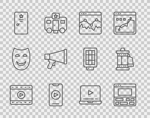 设置线播放视频，录音机在笔记本电脑上，音乐波均衡器，在线播放视频，后台，扩音器，和相机滚动磁带图标。向量图片下载