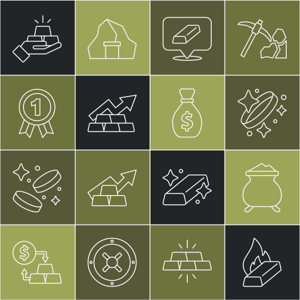 设置线熔融金被浇，金戒指，条形，增长箭头，勋章，和旧钱袋图标。向量图片下载