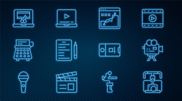 设置线万向节稳定器与相机，复古电影院，直方图摄影，场景，打字机，笔记本上的录像机，照片和视频拍摄和在线播放图标。向量图片下载