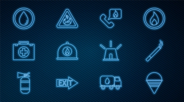 设置消防锥桶，香烟，电话与紧急呼叫911，消防头盔，急救箱，滴水，闪光警报器和火焰在三角形图标。向量图片下载