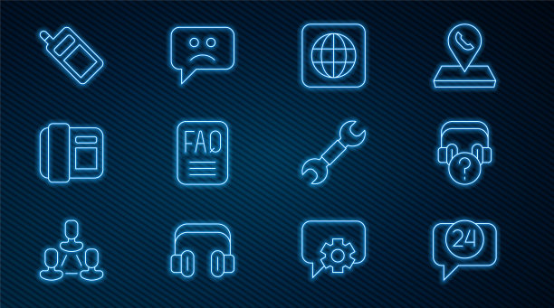 设置线路电话24小时支持，耳机与问题，全球，常见问题信息，手机，手机，扳手扳手和悲伤的微笑图标。向量图片下载