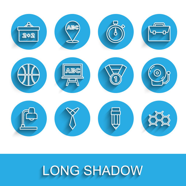 设置线台灯，领带，黑板，铅笔与橡皮擦，化学公式，响警钟和奖章图标。向量图片下载