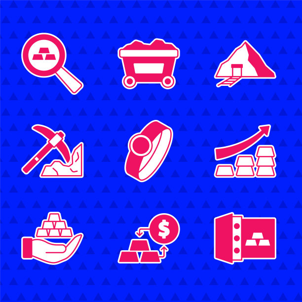 设置金戒指，交换货币，安全与金条，成长箭，手，采矿，矿山和图标。向量图片下载