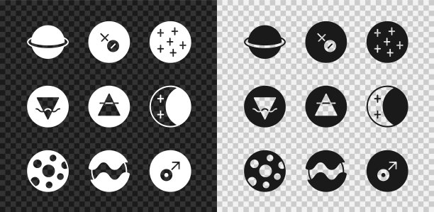 设置行星土星，金星符号，满月，火星，地球元素和空气图标。向量图片下载