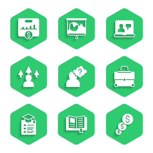 设置头部与问号，阅读书籍，财务增长和美元，公文包，在线教育，前端发展，和关键性能指标图标。向量图片下载