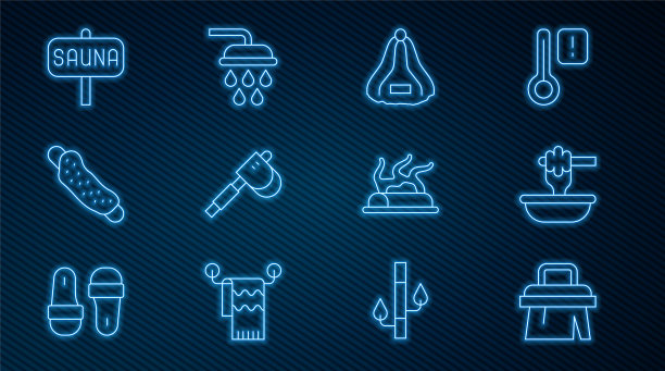 设置线桑拿刷，蜂蜜勺棒与碗，帽子，木斧，毛巾，篝火和淋浴图标。向量图片下载