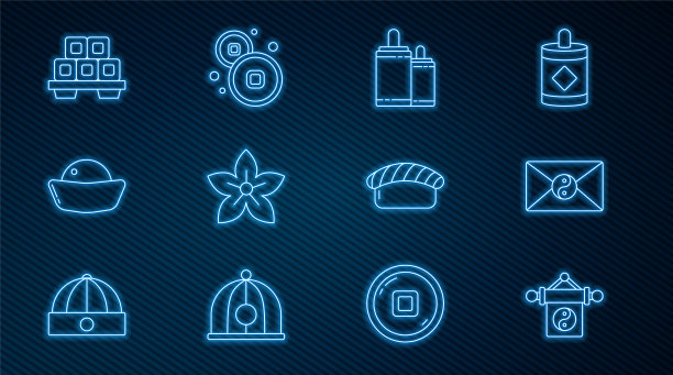 设置阴阳线，信封，烟花，荷花，寿司，砧板上，和人民币货币图标。向量图片下载