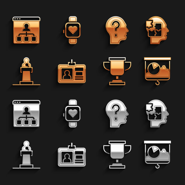 设置识别徽章，头部谜题策略，黑板与图表，奖励杯，演讲者，问号，在线教育和智能手表图标。向量图片下载