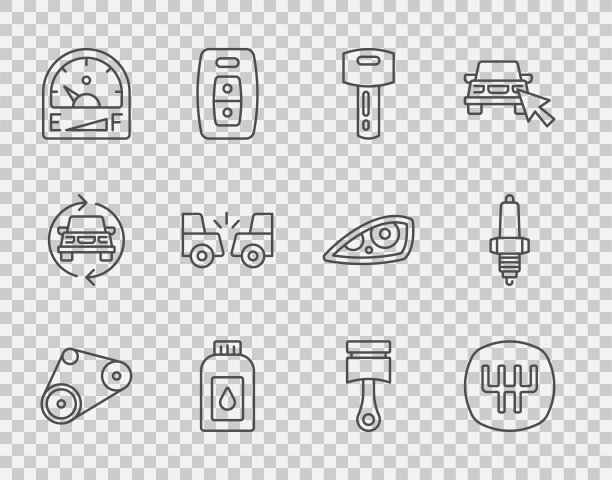设置线同步带套件，变速杆，汽车钥匙与遥控器，汽油机油罐，汽油机气表，事故，发动机活塞和火花塞图标。向量图片下载