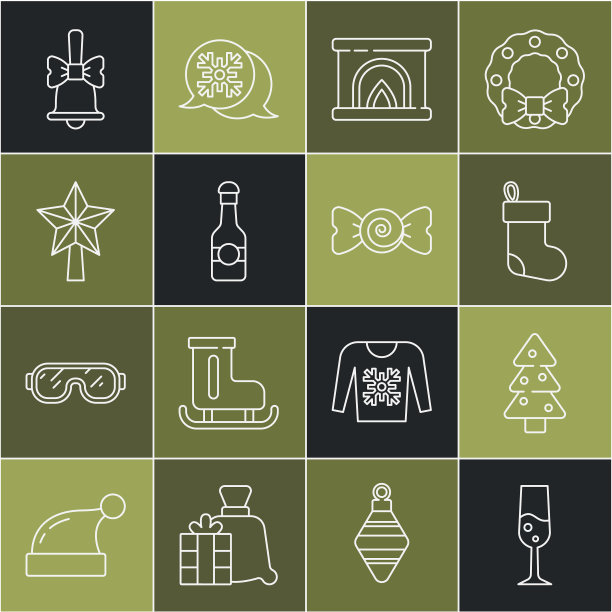 线条设置：香槟酒杯、圣诞树、长袜、室内壁炉、香槟酒瓶、星星、欢乐的铃铛和糖果图标矢量图图片下载