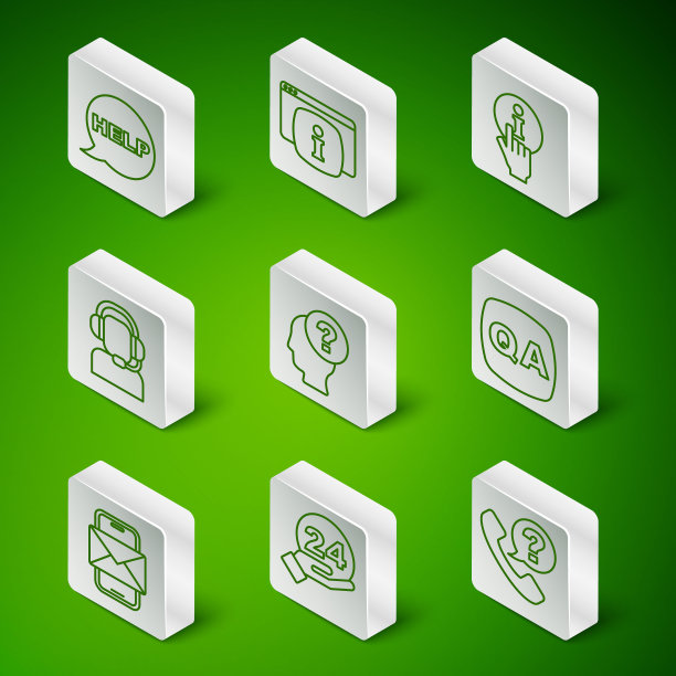 设置线路电话24小时支持，语音气泡文本帮助，头部问号，男子耳机，监视器常见问题信息，手机和信封和问题回答图标。向量图片下载