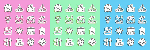 设置线手握地球仪，回收站与回收站，枯萎的树，桶漏油，对塑料袋海报说不，灯泡叶，全球变暖和油轮的图标。向量图片下载