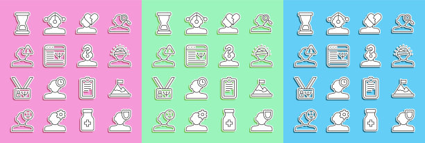 设置在线心理，脑震荡，头痛，心碎或离婚，在线心理咨询，寻找问题心理，老沙漏和人类问号图标。向量图片下载