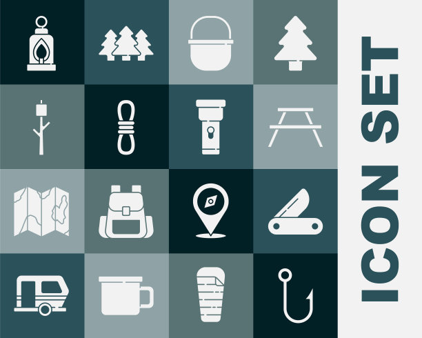设置鱼钩，瑞士军刀，野餐桌与长椅，野营壶，攀登者的绳子，棉花糖棍棒，灯笼和手电筒图标。向量图片下载