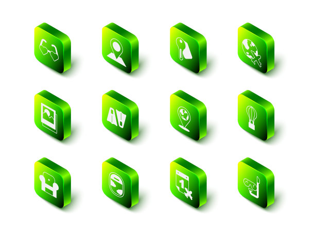 设置位置，酒店门锁钥匙，全球飞行飞机，气球，潜水面罩和通气管，全球，日历飞机和飞机窗口图标。向量图片下载