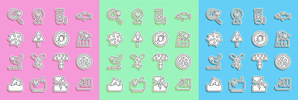 废水，细菌培养皿，工厂烟雾，解毒剂，骨头和头骨，细菌，毒药放大镜和停止科罗拉多甲虫图标。向量图片下载