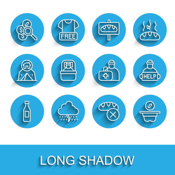 设置线瓶装水，云与雨，寻找金钱，捐赠食物，睡袋，帮助无家可归者和急救箱图标。向量图片下载