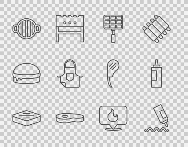 设置线牛排肉，酱瓶，烧烤钢网格，烧烤，厨房围裙，位置与火焰和图标。向量图片下载