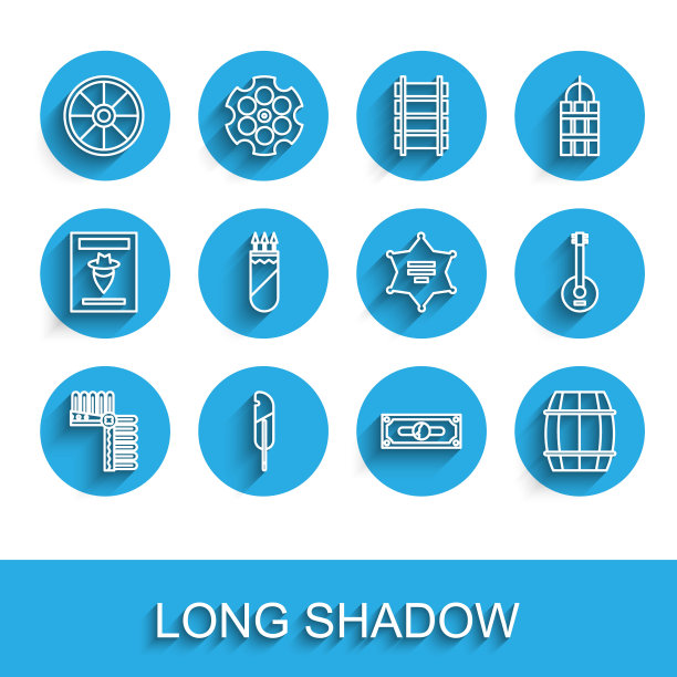 设置线印第安头饰羽毛，羽毛笔，旧木轮，叠纸钱现金，木桶，箭袋箭，班卓和六芒星警长图标。向量图片下载