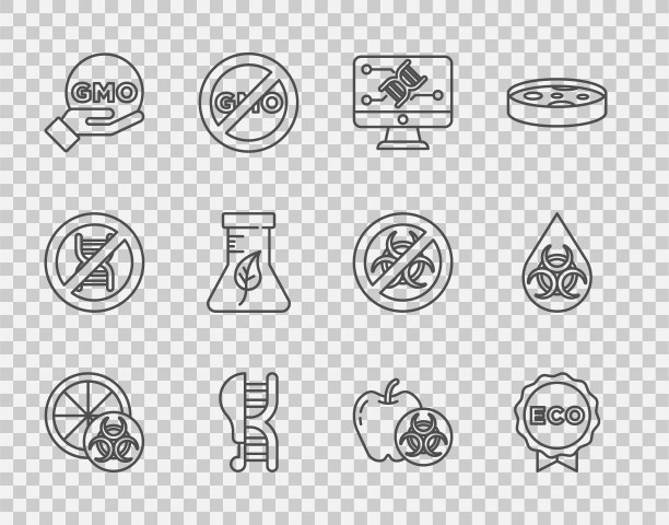 设置转基因橙，生态健康食品标签，工程改造，鸡肉，转基因，试管和烧瓶，苹果和图标。向量图片下载