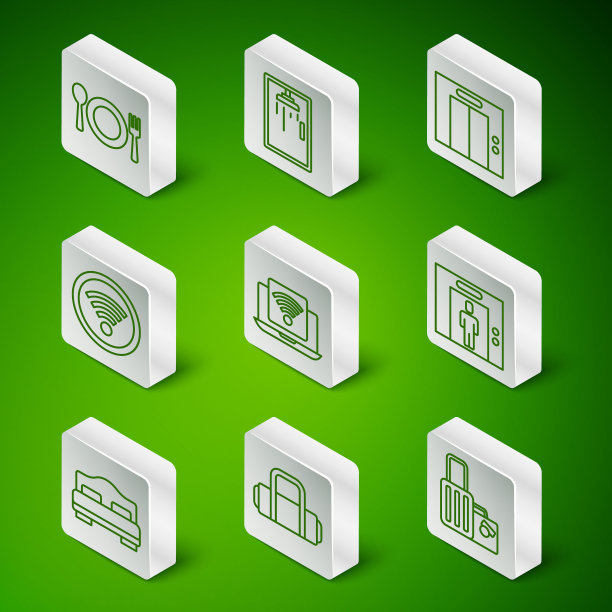 集箱包、餐盘、餐叉、无线笔记本、无线Wi-Fi、淋浴房、酒店客房床、电梯图标于一体。向量图片下载