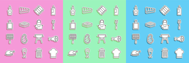 设置线厨师帽，鸡腿，烧烤叉，烤猪肉烧烤排骨，牛排肉，砧板，酱瓶和厨房围裙图标。向量图片下载