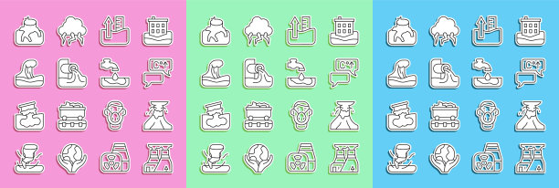 设置线核电站，火山喷发熔岩，全球变暖，上升水位，废水，海啸，森林砍伐和水问题图标。向量图片下载