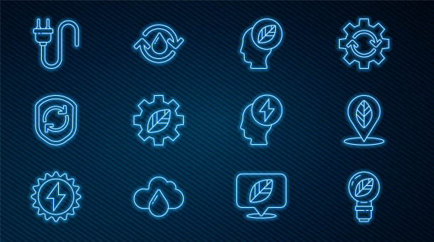 设置线灯泡与叶片，位置，人的头内，叶片植物齿轮机，回收符号盾，电插头，头和电动和清洁的水图标。向量图片下载