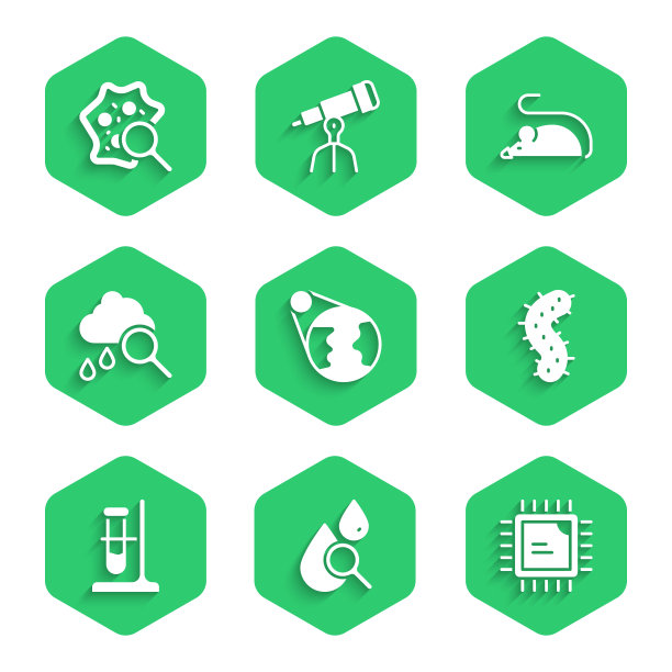 设置地球仪、放大镜、处理器CPU、病毒、试管瓶、云和雨、实验老鼠和微生物在放大镜图标下。向量图片下载