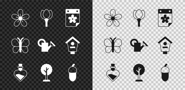 集花，郁金香，日历与花，瓶子爱情药水，森林，橡果，蝴蝶和喷壶图标。向量图片下载
