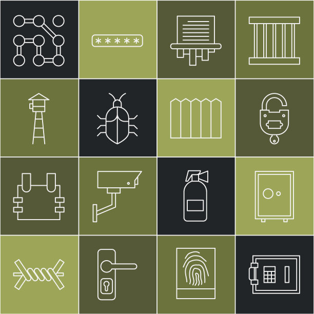 设置线安全，锁和钥匙，碎纸机，系统bug概念，观察塔，图形密码保护和花园栅栏木图标。向量图片下载