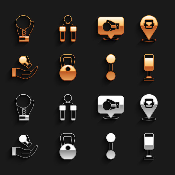 设置重量，拳击头盔，拳击袋，哑铃，手套和跳绳图标。向量图片下载