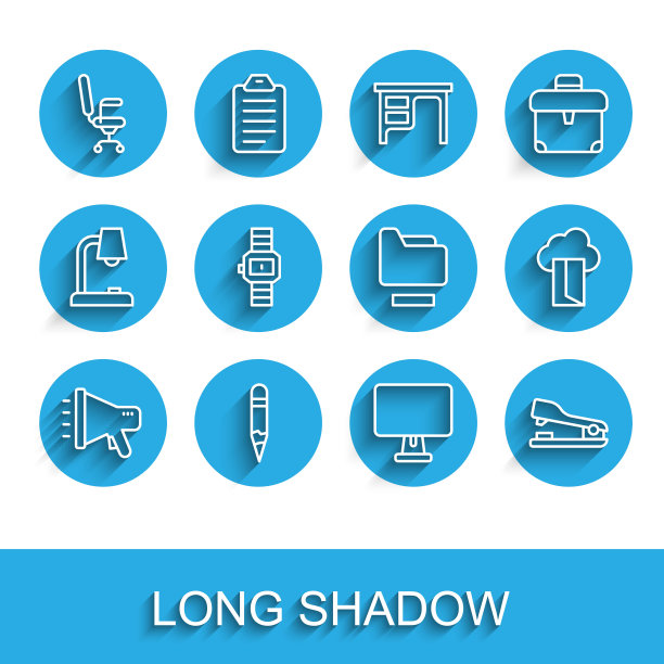 设置线扩音器，铅笔，办公椅，电脑显示器，订书机，腕表，云数据库和文件文件夹图标。向量图片下载