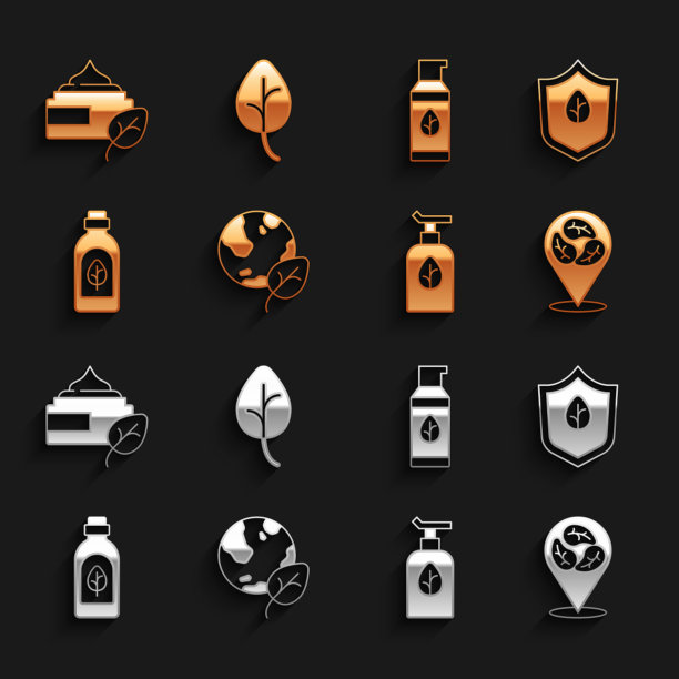 设置地球仪和叶子，素食饮食，有机化妆品，精油瓶，和叶子或叶子图标。向量图片下载