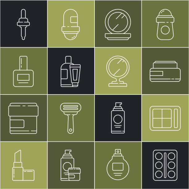 设置线眼影调色板，霜或乳液化妆品管，化妆粉镜，指甲油瓶，移液器和圆形化妆图标。向量图片下载