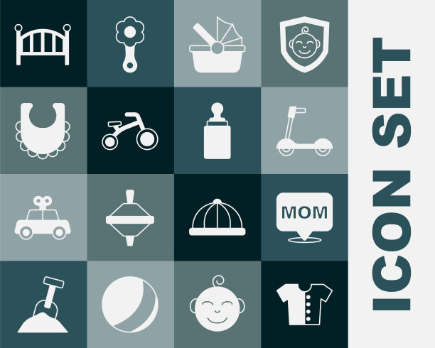 设置婴儿t恤，讲话泡泡妈妈，轮式滑板车，婴儿车，自行车为孩子，围嘴，婴儿床摇篮床和瓶子图标。向量图片下载