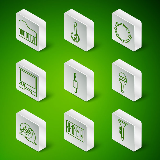 设置线鼓和鼓槌，混音控制器，三角钢琴，音频插孔，语音助手，班乔，音乐笔记，音调和沙球图标。向量图片下载