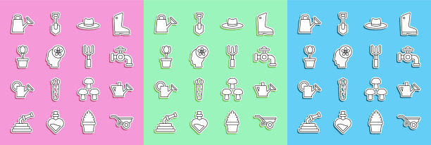 设置线手推车与泥土，浇水罐，水龙头，园丁工人帽，人的头花里面，郁金香花盆，和耙子图标。向量图片下载