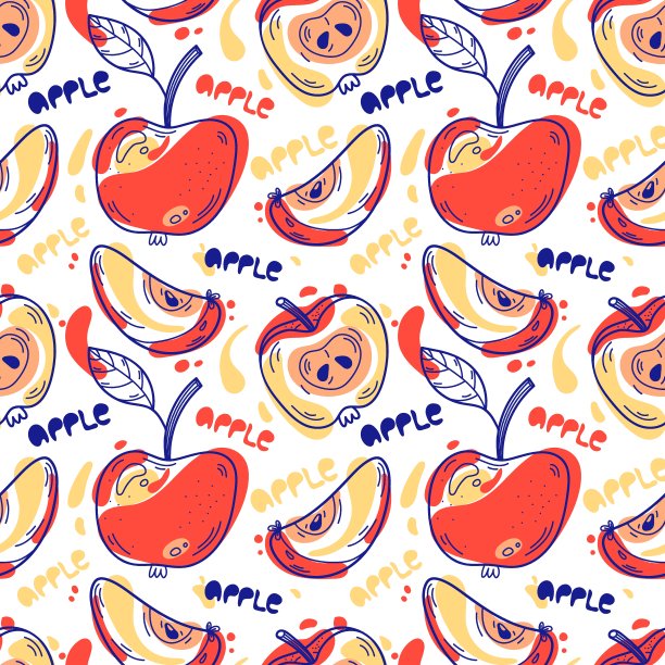 无缝的苹果图案和手写字母。明亮的水果背景。行涂鸦风格。矢量打印织物，纺织品，包装和墙纸。图片下载