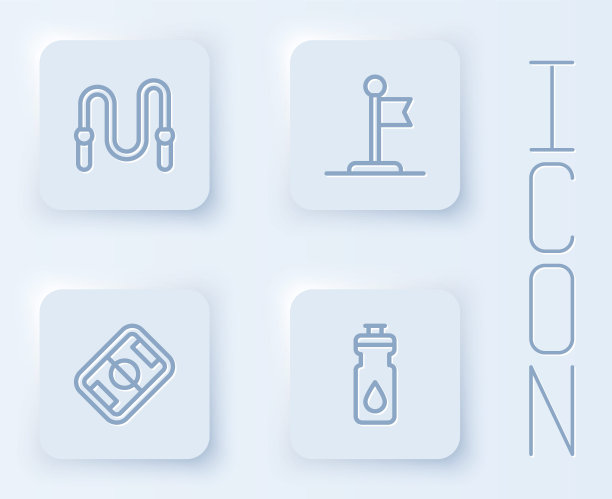 设置线跳绳，旗帜，足球场和健身摇床。白色正方形按钮。向量图片下载