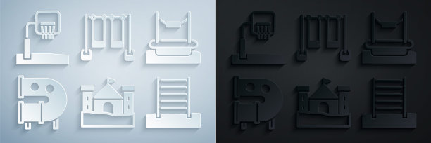 设置沙堡，蹦极，儿童游乐场滑梯管，瑞典墙，双秋千和篮球篮板图标。向量图片下载